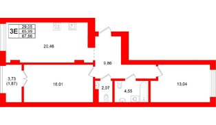 Квартира в ЖК «Включи», 2 комнатная, 67.86 м², 5 этаж