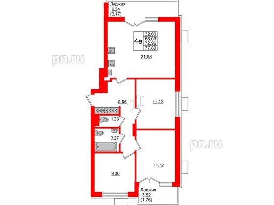 Квартира в ЖК Lake City-6, 3 комнатная, 72.96 м², 4 этаж