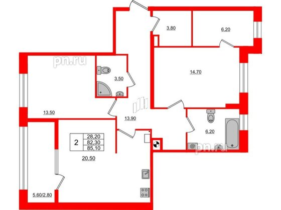Квартира в ЖК «Альпы», 2 комнатная, 85.1 м², 1 этаж