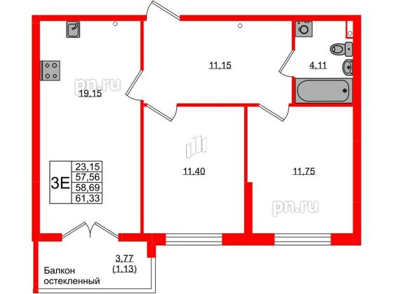 Квартира в ЖК «Консул», 2 комнатная, 58.41 м², 1 этаж