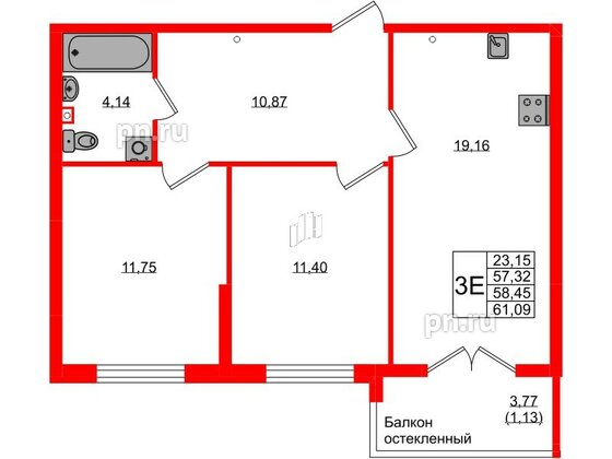 Квартира в ЖК «Консул», 2 комнатная, 58.45 м², 1 этаж