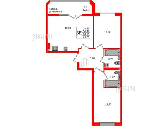 Квартира в ЖК «Консул», 2 комнатная, 60.91 м², 3 этаж