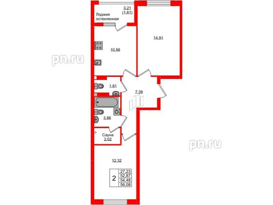 Квартира в ЖК «Консул», 2 комнатная, 54.48 м², 2 этаж