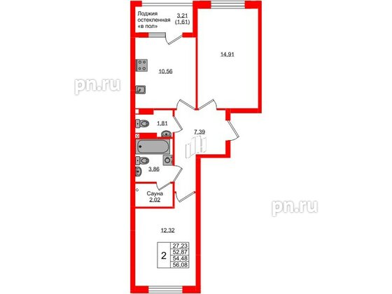 Квартира в ЖК «Консул», 2 комнатная, 54.48 м², 6 этаж