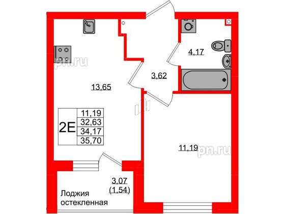 Квартира в ЖК «Консул», 1 комнатная, 34.17 м², 1 этаж