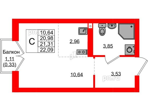 Квартира в ЖК «Консул», студия, 21.31 м², 2 этаж