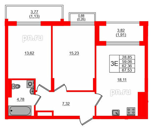 Квартира в ЖК «АЭРО», 2 комнатная, 62.36 м², 7 этаж