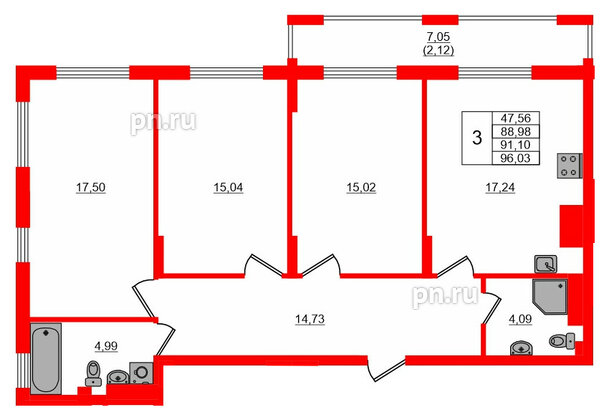 Квартира в ЖК «АЭРО», 3 комнатная, 91.1 м², 3 этаж