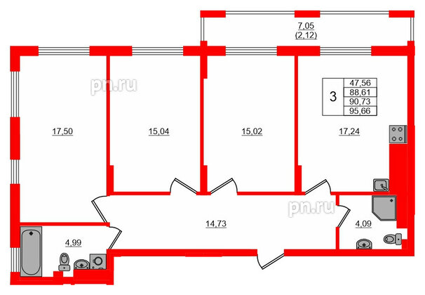 Квартира в ЖК «АЭРО», 3 комнатная, 90.73 м², 5 этаж