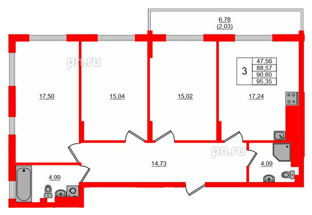 Квартира в ЖК «АЭРО», 3 комнатная, 90.6 м², 7 этаж