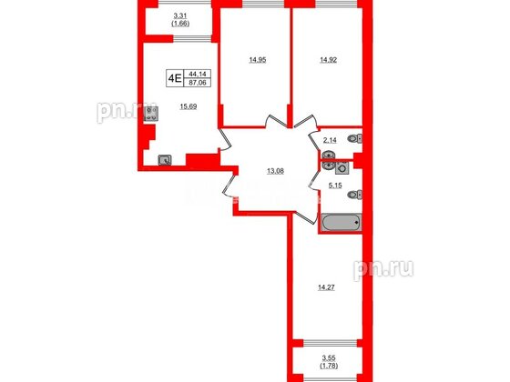 Квартира в ЖК «АЭРО», 3 комнатная, 87.06 м², 1 этаж
