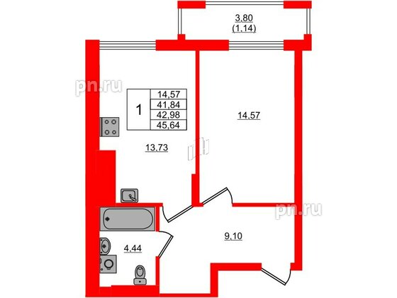 Квартира в ЖК «АЭРО», 1 комнатная, 42.98 м², 6 этаж