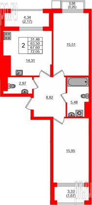Квартира в ЖК «АЭРО», 2 комнатная, 67.6 м², 7 этаж