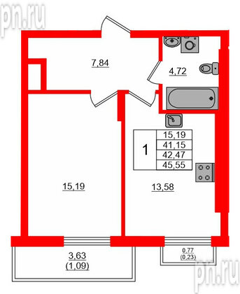 Квартира в ЖК «АЭРО», 1 комнатная, 42.7 м², 7 этаж