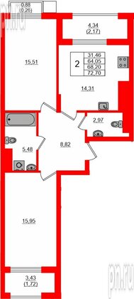 Квартира в ЖК «АЭРО», 2 комнатная, 68.2 м², 7 этаж