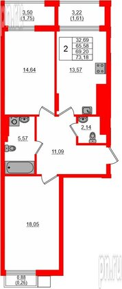 Квартира в ЖК «АЭРО», 2 комнатная, 69.2 м², 2 этаж