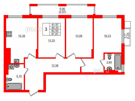 Квартира в ЖК «АЭРО», 3 комнатная, 82.3 м², 4 этаж