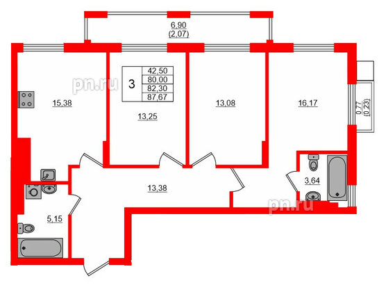 Квартира в ЖК «АЭРО», 3 комнатная, 81.59 м², 5 этаж