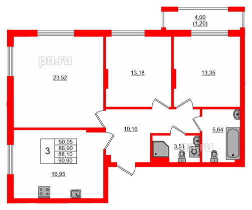Квартира в ЖК «АЭРО», 3 комнатная, 88.1 м², 1 этаж