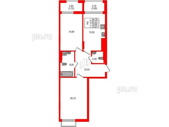 Квартира в ЖК «АЭРО», 2 комнатная, 70.6 м², 2 этаж