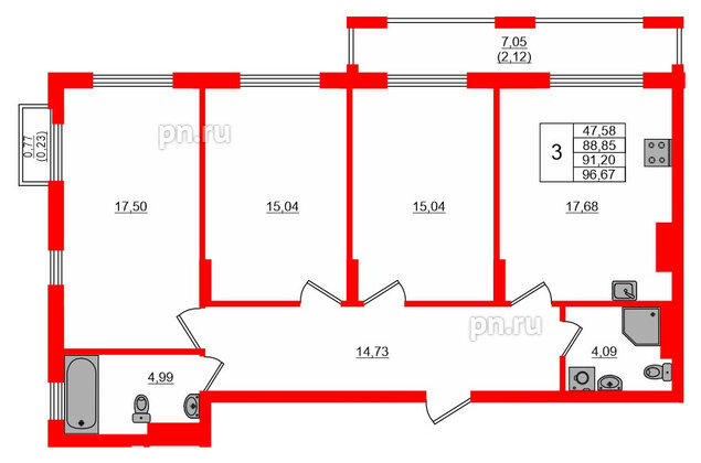 Квартира в ЖК «АЭРО», 3 комнатная, 91.2 м², 2 этаж