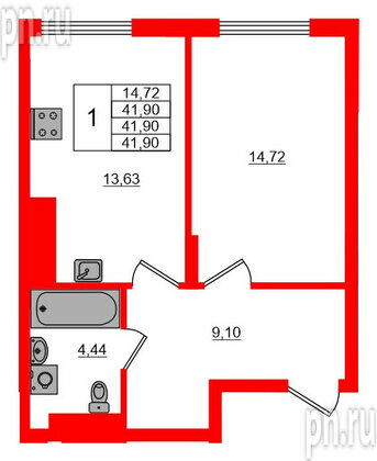 Квартира в ЖК «АЭРО», 1 комнатная, 41.9 м², 5 этаж