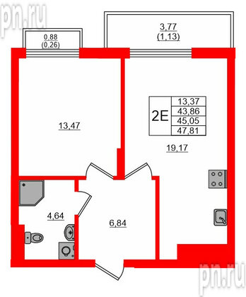 Квартира в ЖК «АЭРО», 1 комнатная, 45.4 м², 7 этаж