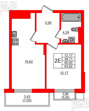 Квартира в ЖК «АЭРО», 1 комнатная, 40 м², 7 этаж