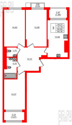 Квартира в ЖК «АЭРО», 3 комнатная, 80.6 м², 6 этаж