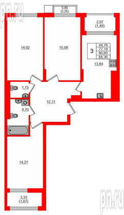 Квартира в ЖК «АЭРО», 3 комнатная, 80.6 м², 7 этаж