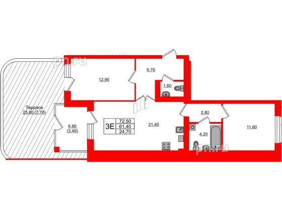 Квартира в ЖК «Сиреневый бульвар», 2 комнатная, 72.5 м², 1 этаж