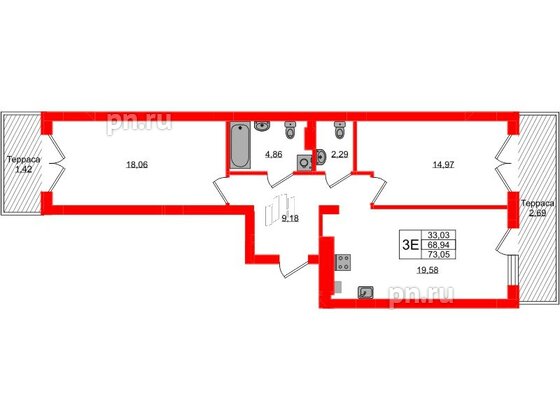 Квартира в ЖК «Включи», 2 комнатная, 73.05 м², 1 этаж