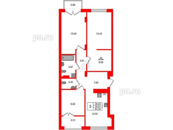 Квартира в ЖК «Включи», 3 комнатная, 83.3 м², 2 этаж