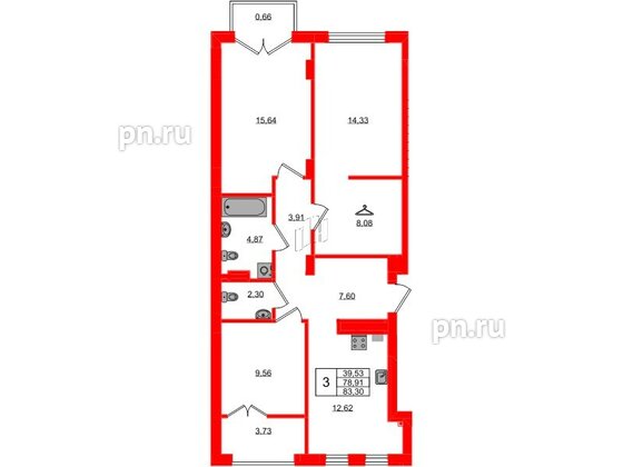 Квартира в ЖК «Включи», 3 комнатная, 83.3 м², 4 этаж