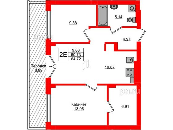 Квартира в ЖК «Включи», 1 комнатная, 64.72 м², 1 этаж