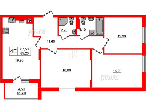 Квартира в ЖК «River Park-2», 3 комнатная, 87.5 м², 3 этаж