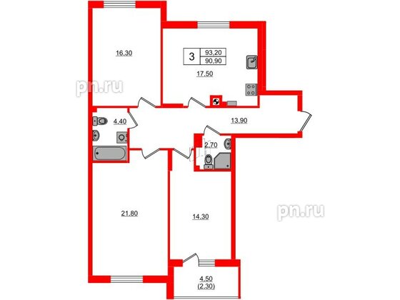 Квартира в ЖК «River Park-2», 3 комнатная, 93.2 м², 2 этаж