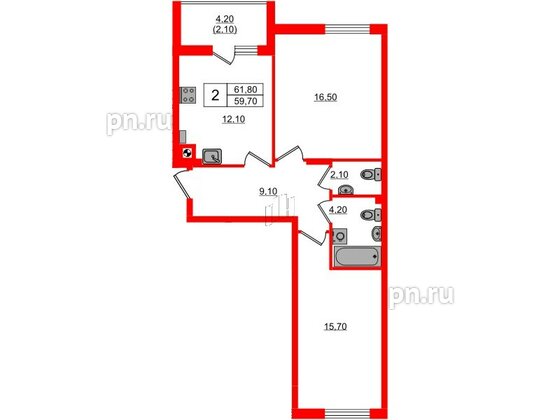 Квартира в ЖК «Ривер Парк-2», 2 комнатная, 61.8 м², 2 этаж