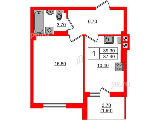 Квартира в ЖК «River Park-2», 1 комнатная, 39.3 м², 5 этаж
