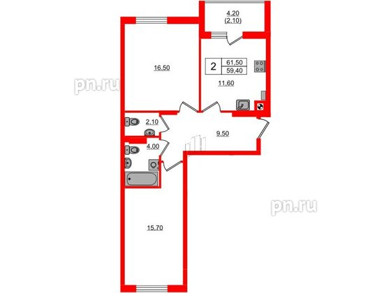 Квартира в ЖК «Ривер Парк-2», 2 комнатная, 61.5 м², 4 этаж