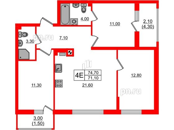 Квартира в ЖК «River Park-2», 3 комнатная, 74.7 м², 1 этаж