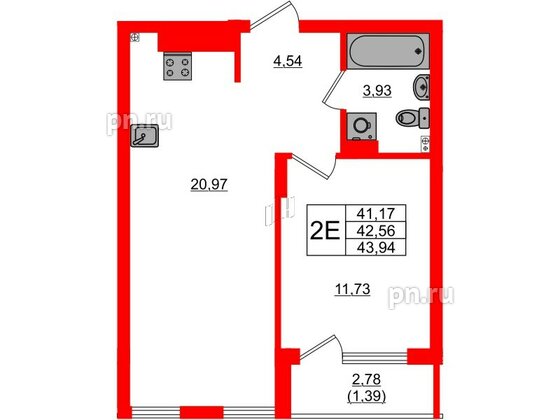 Квартира в ЖК «Расцвет Парк», 1 комнатная, 43.94 м², 3 этаж
