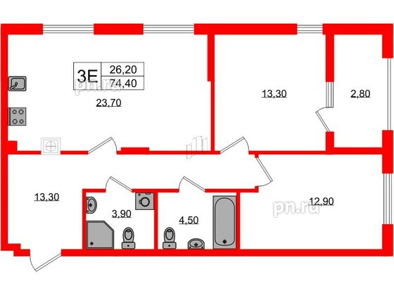 Квартира в ЖК «Дом на Красной», 2 комнатная, 74.4 м², 1 этаж