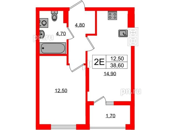 Квартира в ЖК «Дом на Красной», 1 комнатная, 38.6 м², 3 этаж