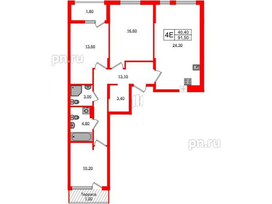 Квартира в ЖК «Дом на Красной», 3 комнатная, 91.5 м², 7 этаж