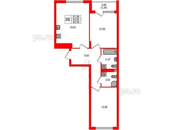 Квартира в ЖК «Расцвет Парк», 2 комнатная, 62.92 м², 2 этаж