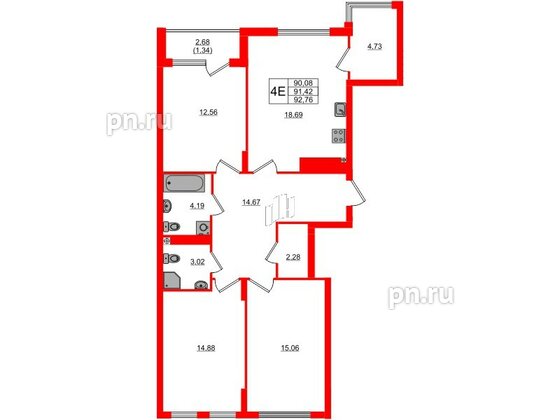Квартира в ЖК «Расцвет Парк», 3 комнатная, 91.42 м², 2 этаж