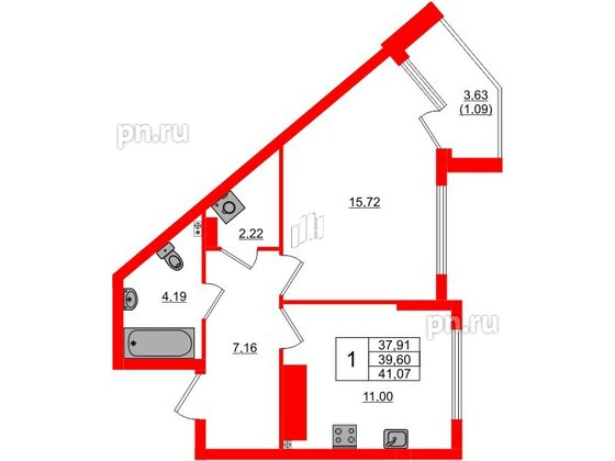 Квартира в ЖК «Расцвет Парк», 1 комнатная, 41.38 м², 3 этаж