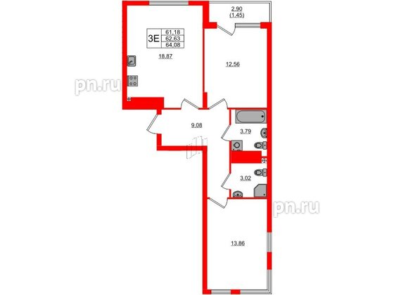 Квартира в ЖК «Расцвет Парк», 2 комнатная, 62.63 м², 4 этаж