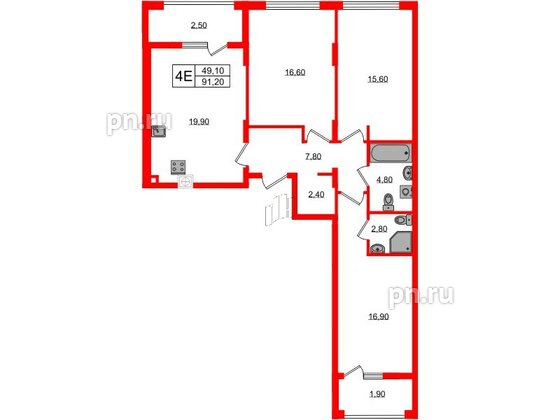 Квартира в ЖК «Дом на Красной», 3 комнатная, 91.2 м², 2 этаж